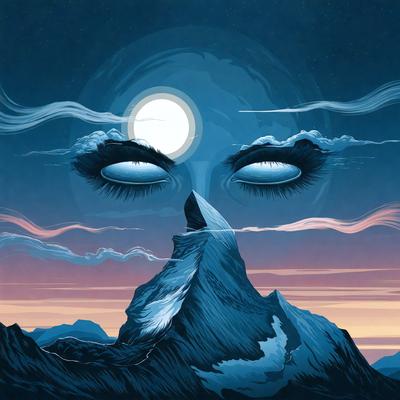 The primary subject of the image is a woman with blue eyes, who is looking up at the moon. The setting is a nighttime scene with a mountain in the background. The visual style is a digital art or illustration, creating a surreal and dreamy atmosphere. The dominant colors are blue and white, with the blue eyes of the woman being the most prominent feature.